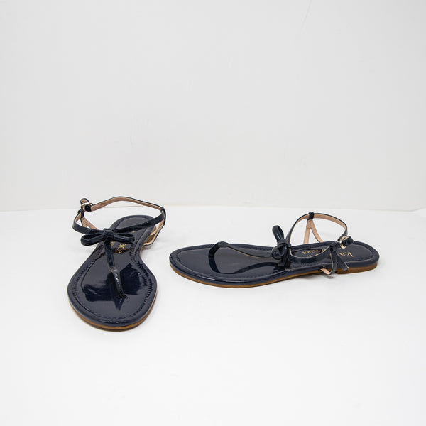 Kate Spade Piazza Patent Leather Bow Tie Detail Flat Sandals Shoes Navy Blue 9
