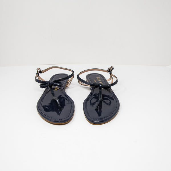 Kate Spade Piazza Patent Leather Bow Tie Detail Flat Sandals Shoes Navy Blue 9