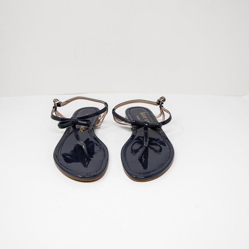 Kate Spade Piazza Patent Leather Bow Tie Detail Flat Sandals Shoes Navy Blue 9