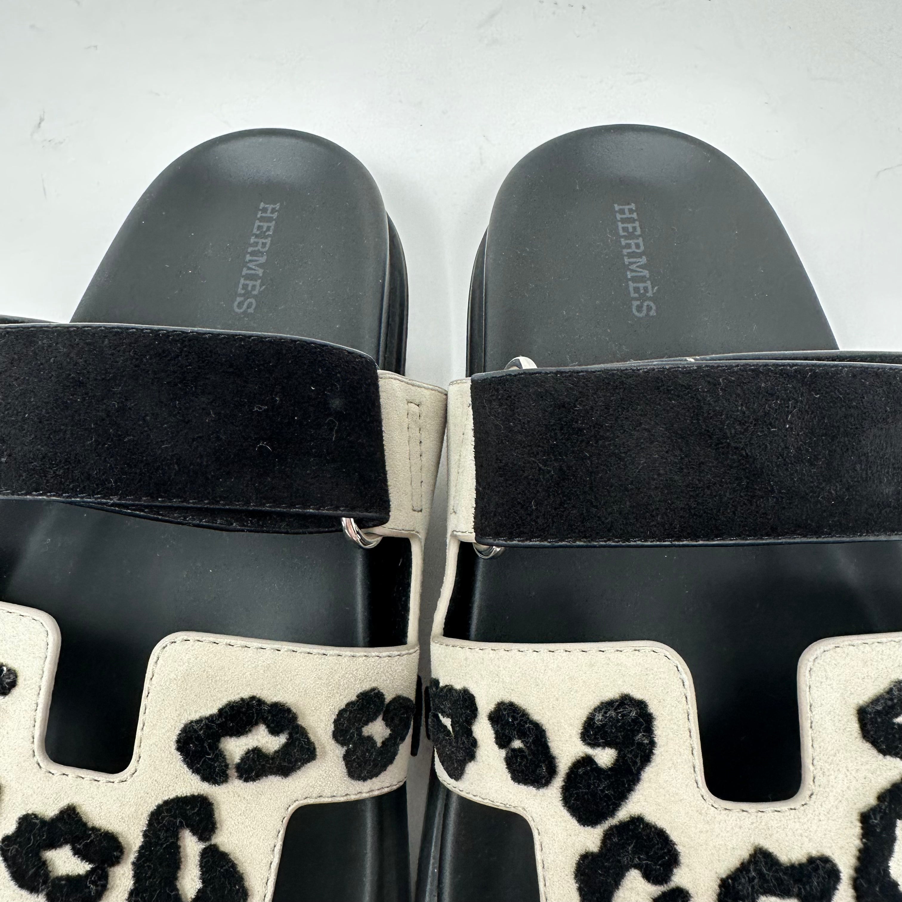 NEW Hermes Chypre Genuine Leather Suede Beige Esquisse Black Sandals Shoes 37