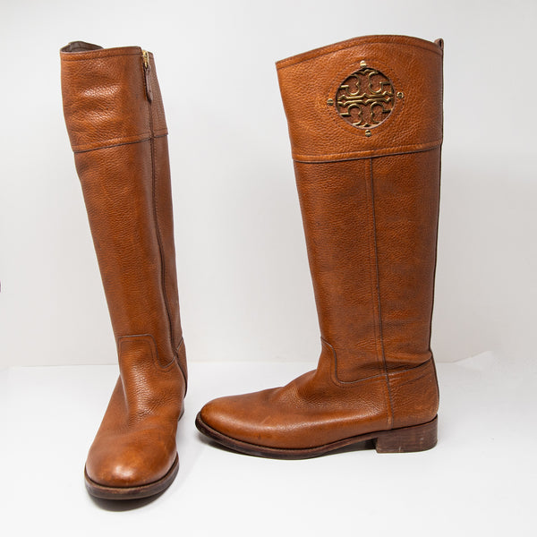 Tory Burch Kiernan Genuine Leather Block Heel Equestrian Riding Boots Shoe Brown