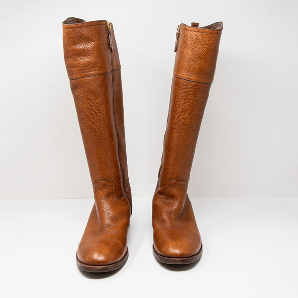 Tory Burch Kiernan Genuine Leather Block Heel Equestrian Riding Boots Shoe Brown