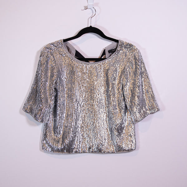 NEW J. Crew Allover Sequin Sparkle Embellished Cropped Bow Tie Blouse Shirt Top