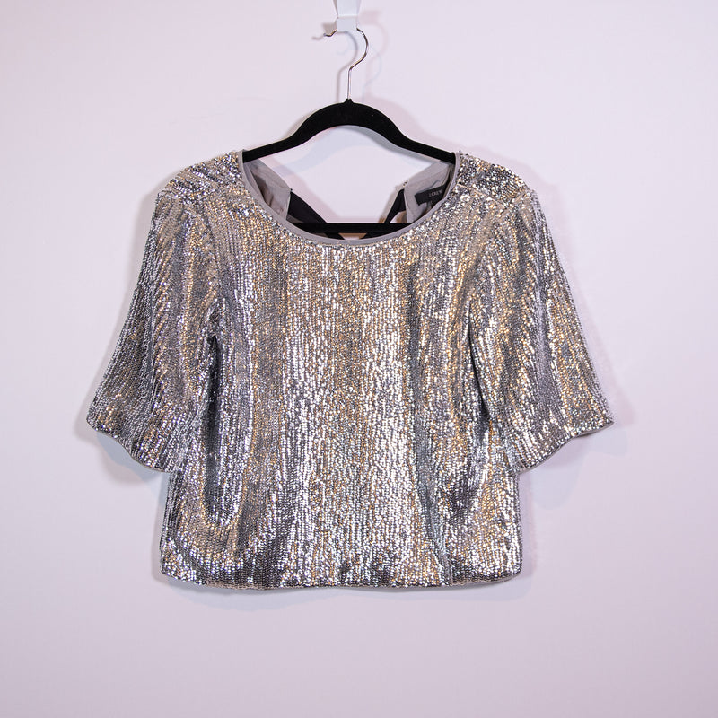 NEW J. Crew Allover Sequin Sparkle Embellished Cropped Bow Tie Blouse Shirt Top