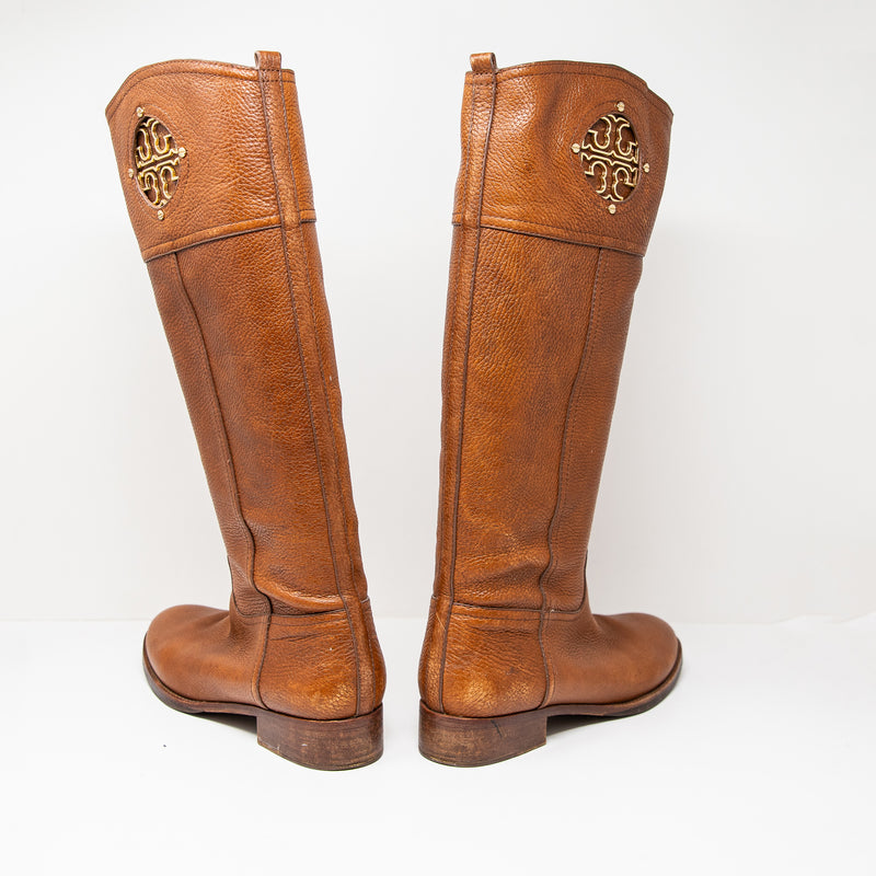 Tory Burch Kiernan Genuine Leather Block Heel Equestrian Riding Boots Shoe Brown