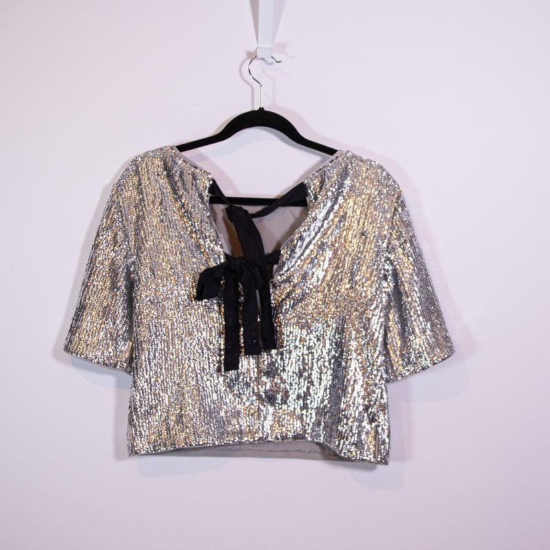 NEW J. Crew Allover Sequin Sparkle Embellished Cropped Bow Tie Blouse Shirt Top