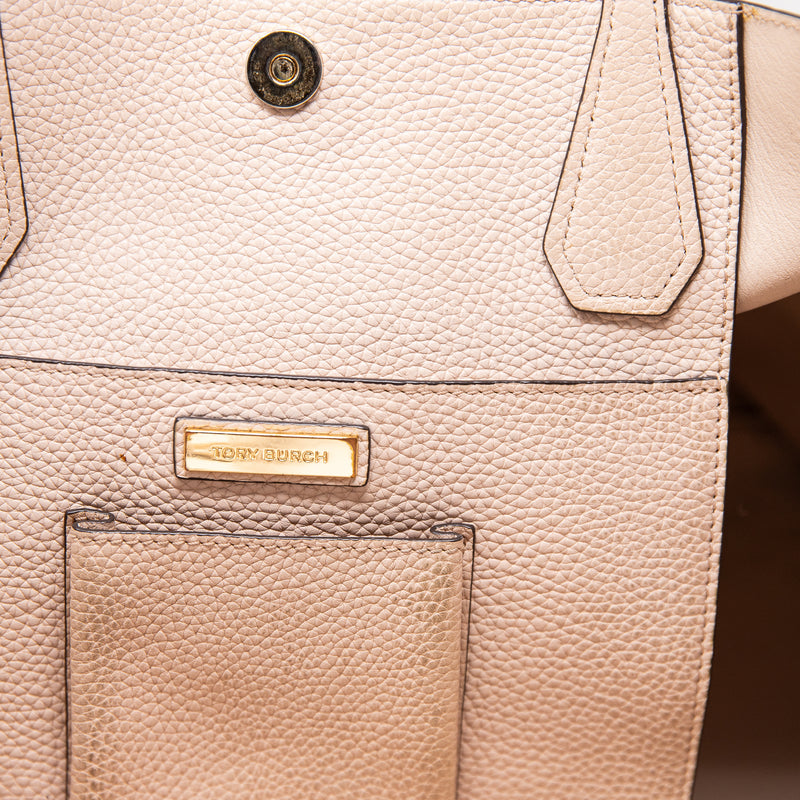 Tory Burch Perry Genuine Leather Pink Metallic Gold Shoulder Tote Purse Bag