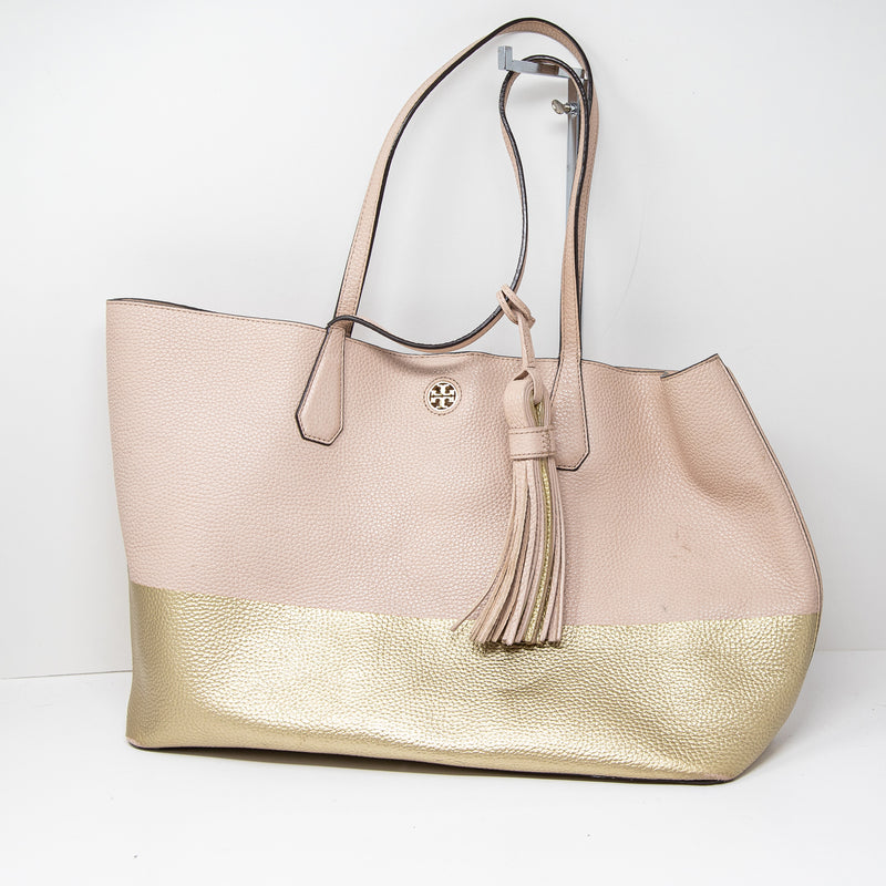 Tory Burch Perry Genuine Leather Pink Metallic Gold Shoulder Tote Purse Bag