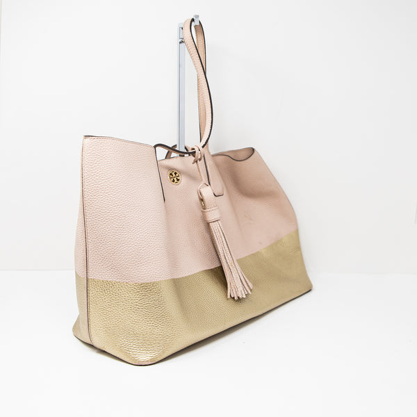 Tory Burch Perry Genuine Leather Pink Metallic Gold Shoulder Tote Purse Bag