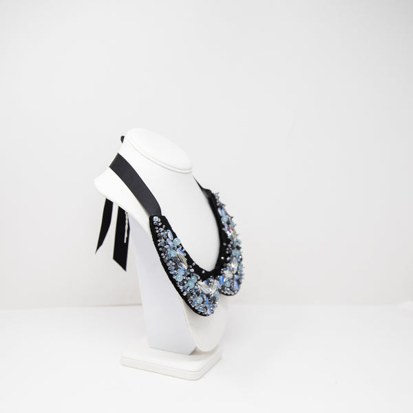 Anne Fontaine Beaded Embellished Sparkle Collar Bib Statement Necklace Blue Opal