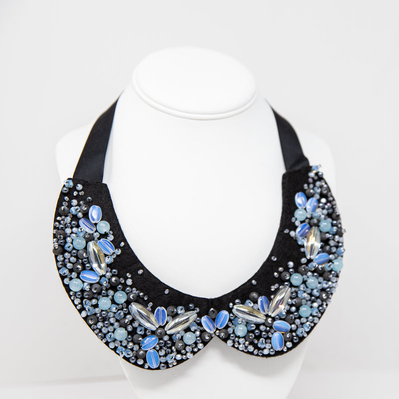 Anne Fontaine Beaded Embellished Sparkle Collar Bib Statement Necklace Blue Opal
