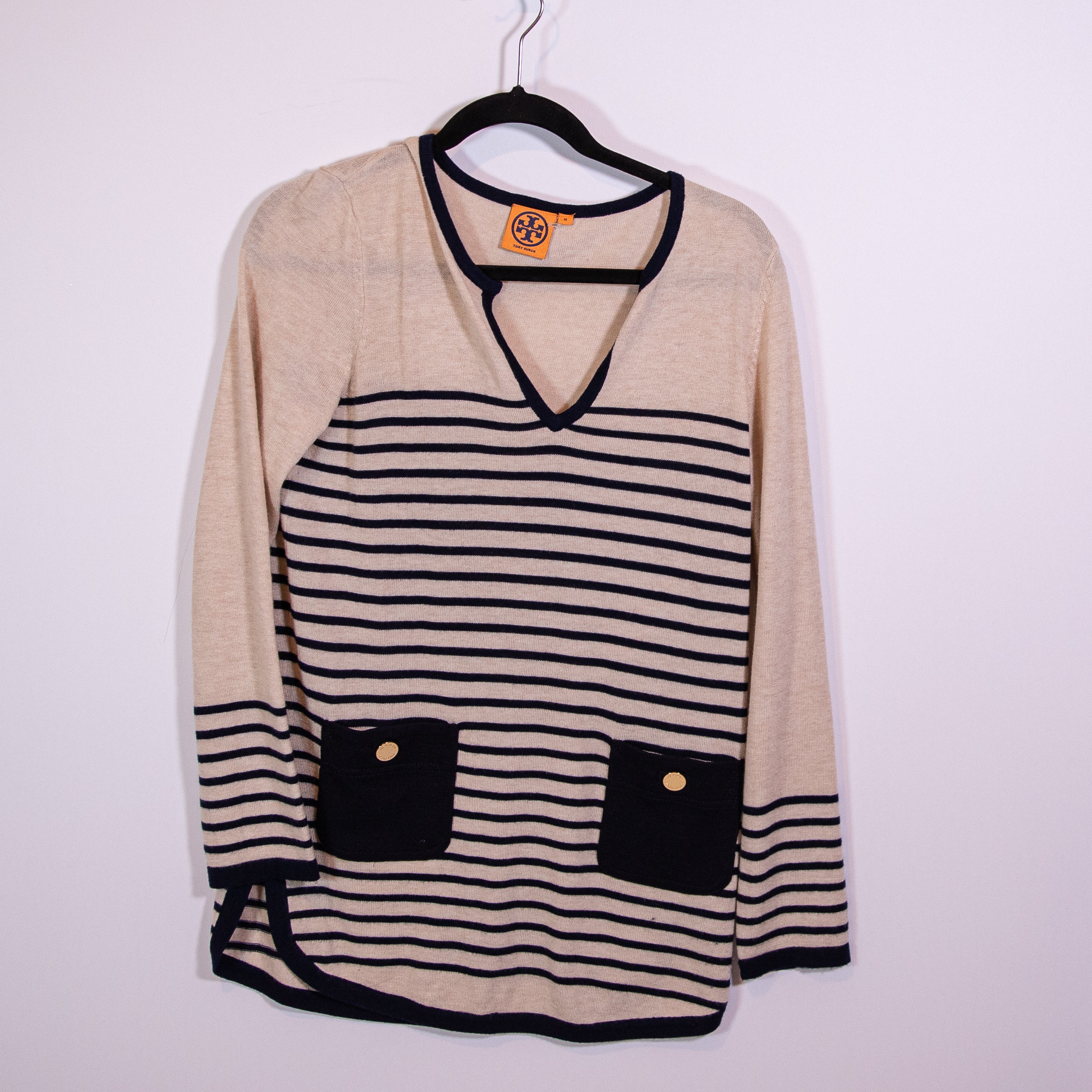 Tory Burch Odessa Wool Cashmere Blend Knit Stretch Striped Tunic Sweater Medium