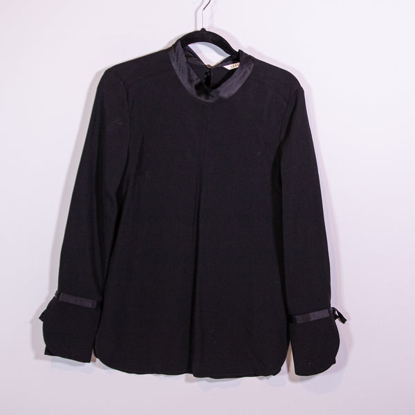 Veronica Beard Costello Chiffon Satin Trim Tie Neck Sleeve Blouse Shirt Black 6