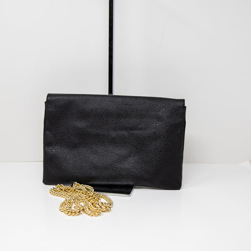 Henri Bendel Foldover Envelope Stingray Texture Clutch Purse Shoulder Bag Black