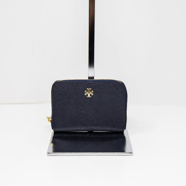 Tory Burch Robinson Full Zip Around Mini Card Coin Wallet Keychain Black Gold