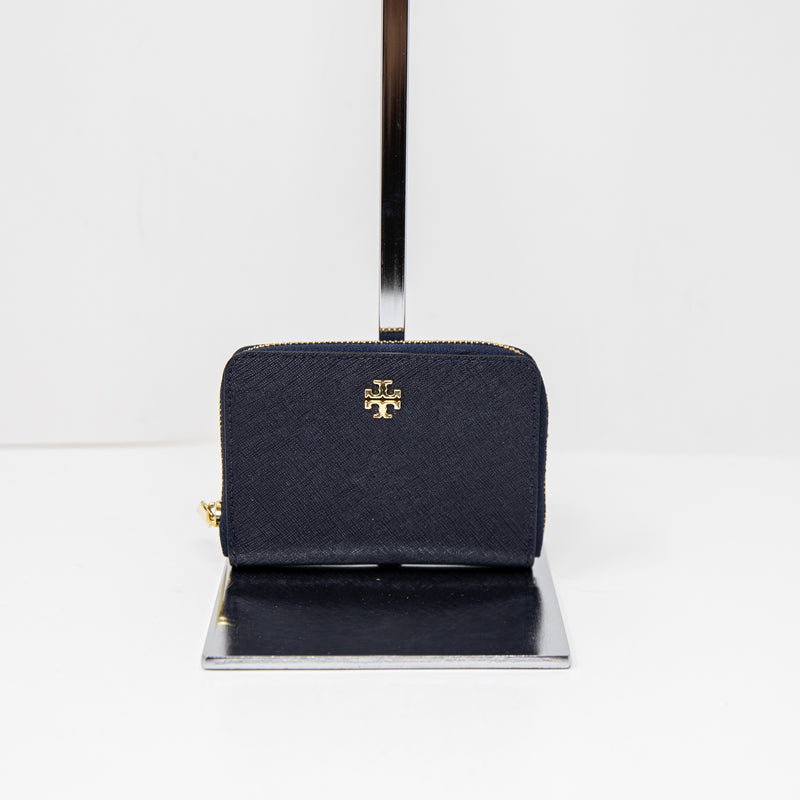 Tory Burch Robinson Full Zip Around Mini Card Coin Wallet Keychain Black Gold