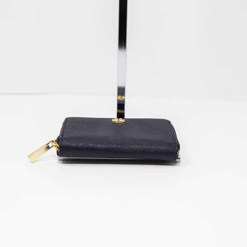 Tory Burch Robinson Full Zip Around Mini Card Coin Wallet Keychain Black Gold
