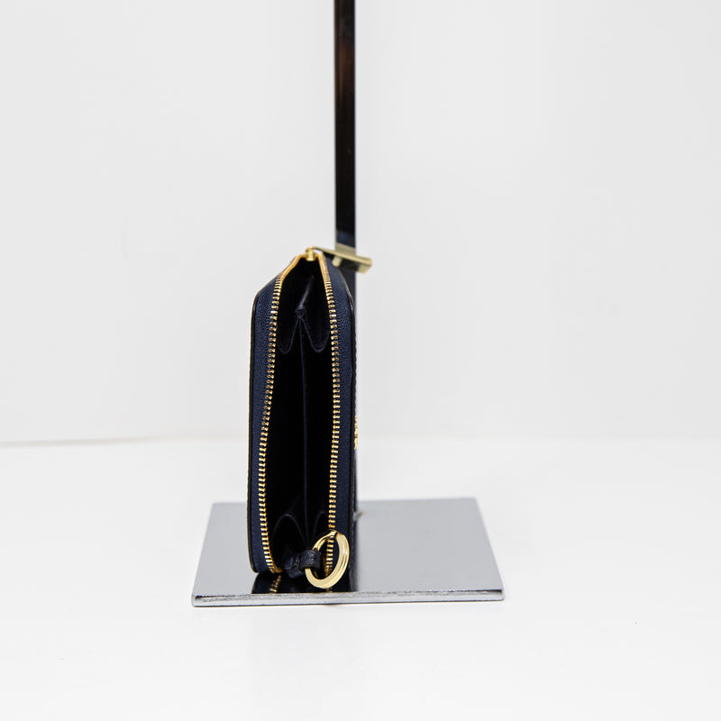 Tory Burch Robinson Full Zip Around Mini Card Coin Wallet Keychain Black Gold