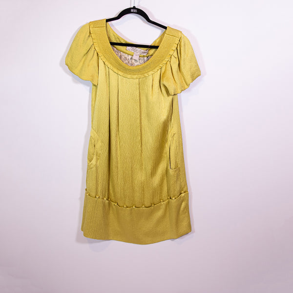 Lela Rose Silk Satin Textured Attached Button Hem Detail Short Sleeve Mini Dress