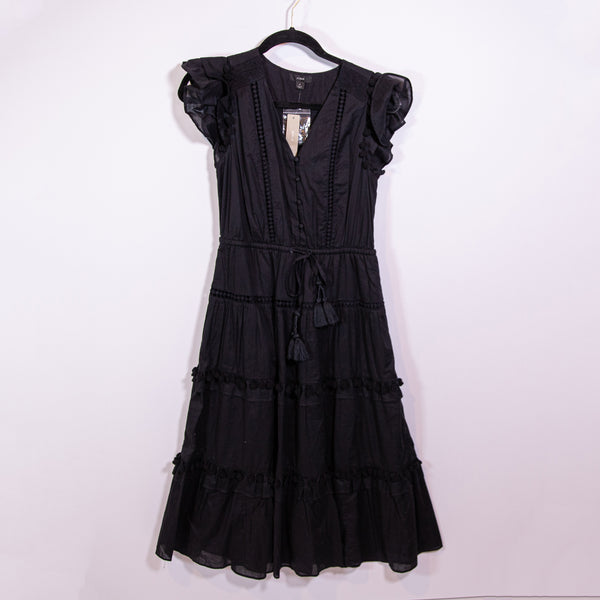 NEW J. Crew Pom Pom Tassel Cut Out Ruffle Cotton Voile Tiered Midi Dress Black 2