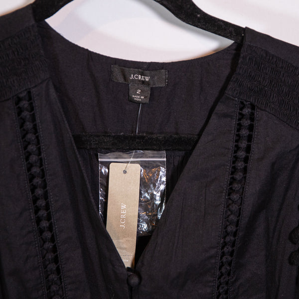 NEW J. Crew Pom Pom Tassel Cut Out Ruffle Cotton Voile Tiered Midi Dress Black 2