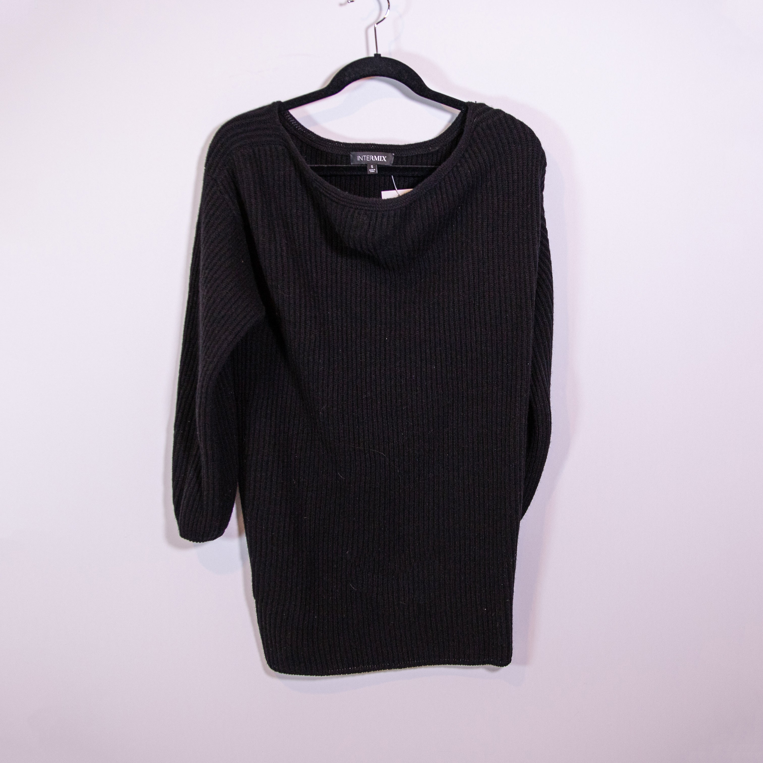 NEW Intermix Wool Cashmere Ribbed Knit Stretch Scoop Neck Pullover Sweater Black