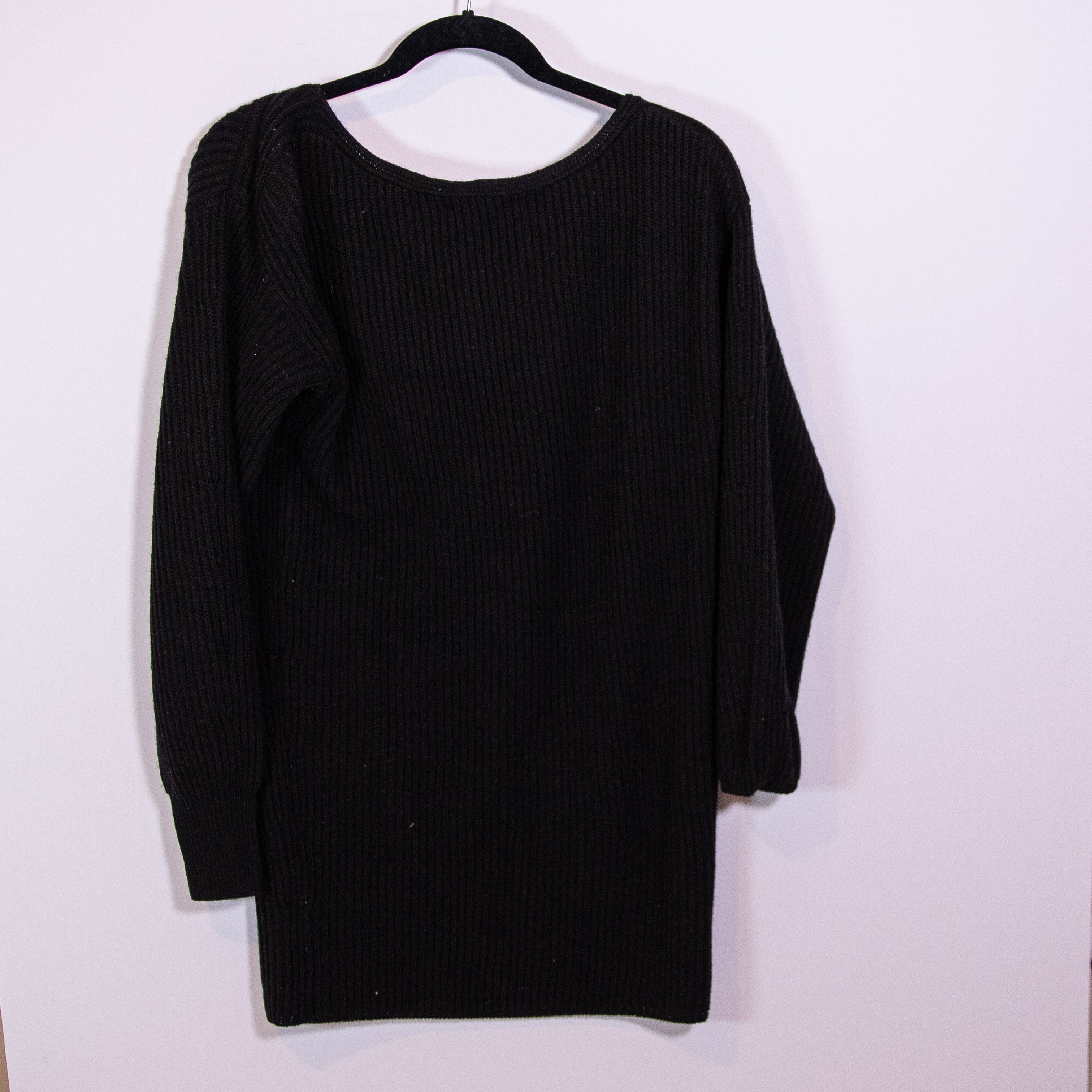 NEW Intermix Wool Cashmere Ribbed Knit Stretch Scoop Neck Pullover Sweater Black