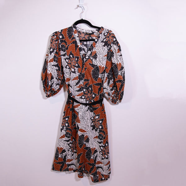 NEW Maje Rodime Terracotta Print Pattern Floral Belted Cotton Belted Shirt Dress