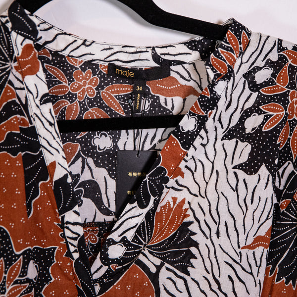 NEW Maje Rodime Terracotta Print Pattern Floral Belted Cotton Belted Shirt Dress