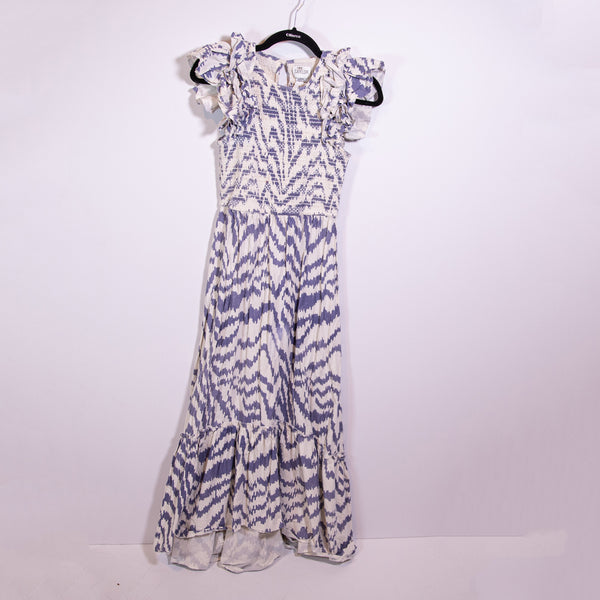 Saylor Pilar Cotton Poplin Smocked Ruffle Short Sleeve Tiered Midi Dress Blue S