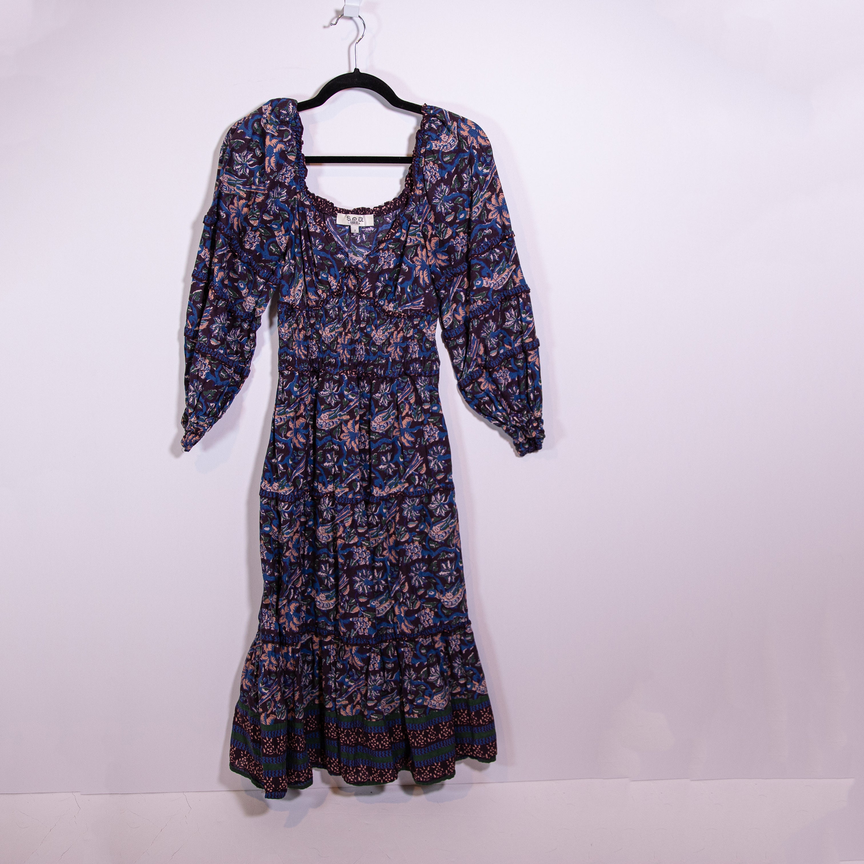 Sea New York Noah Smocked V Neck Tiered Pullover Midi Dress Blue Floral 2