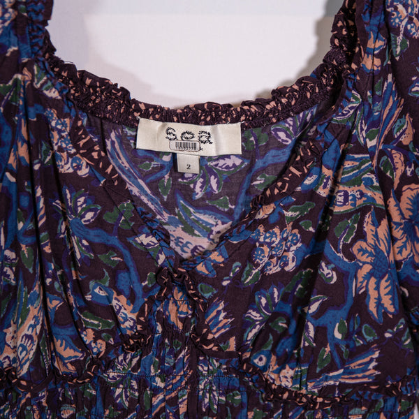 Sea New York Noah Smocked V Neck Tiered Pullover Midi Dress Blue Floral 2
