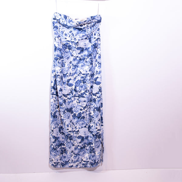 Abercrombie &amp; Fitch Cotton Linen Blue White Floral Print Strapless Midi Dress ST