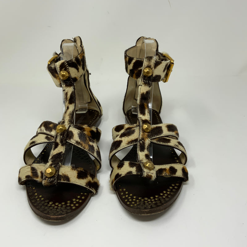 Miu Miu Calf Hair Leopard Cheetah Animal Print Studded Gladiator Flat Sandals 8