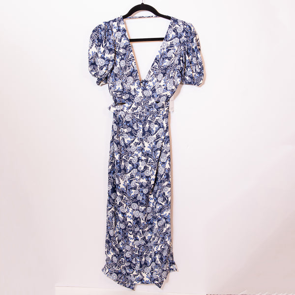 NEW Reiss Jennah Blue White Print Pattern Chiffon Puff Short Sleeve Midi Dress 2