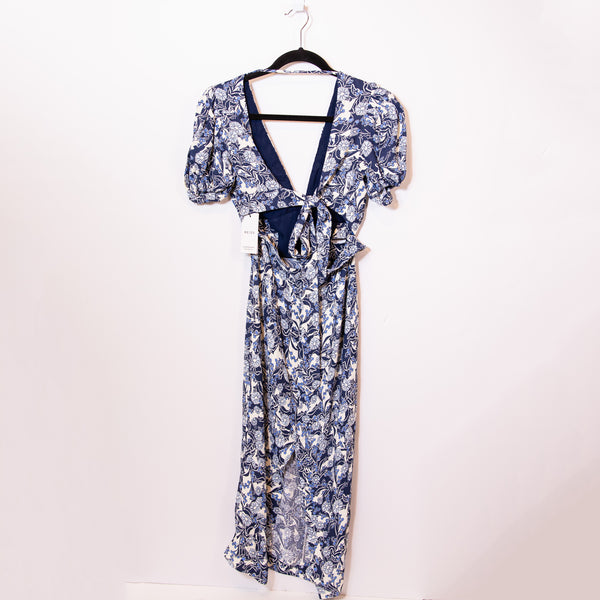 NEW Reiss Jennah Blue White Print Pattern Chiffon Puff Short Sleeve Midi Dress 2