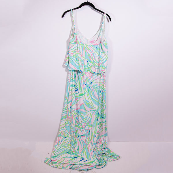 NEW Lilly Pulitzer Harrington Stretch Knit Skye Blue Salute Maxi Long Dress L