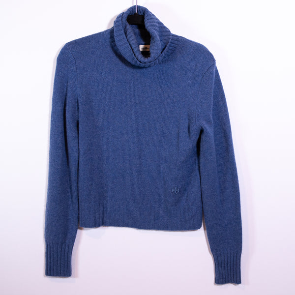 Tory Burch Cashmere Knit Stretch Fitted Turtleneck Sweater Blue Wash Heather S