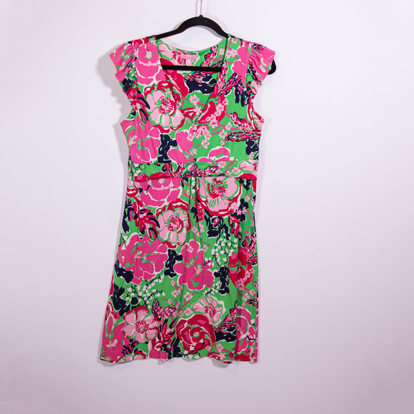 Lilly Pulitzer Clare Silk Cotton V Neck Ruffle Short Sleeve Floral Print Dress L