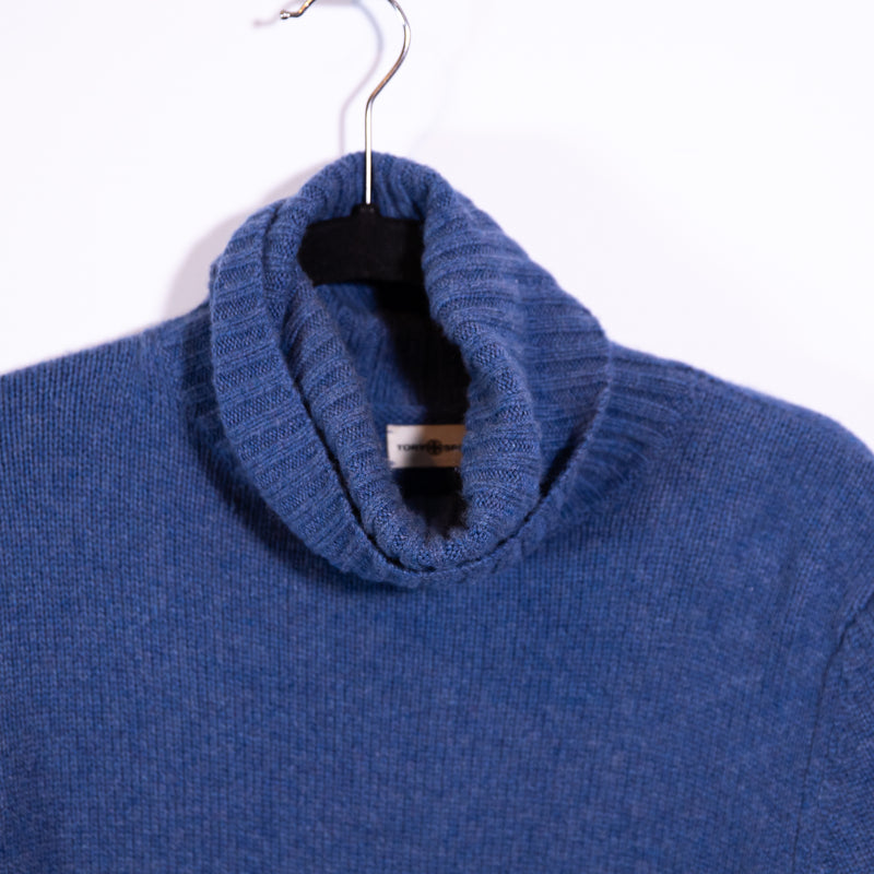 Tory Burch Cashmere Knit Stretch Fitted Turtleneck Sweater Blue Wash Heather S