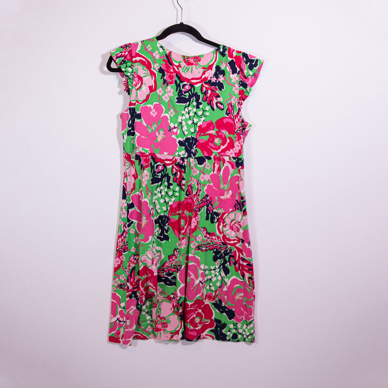 Lilly Pulitzer Clare Silk Cotton V Neck Ruffle Short Sleeve Floral Print Dress L