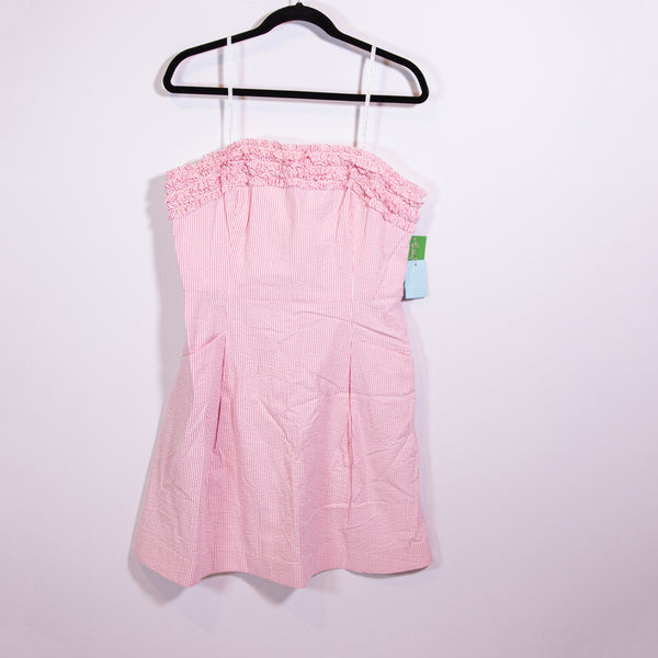 NEW Lilly Pulitzer Ferra Hotty Pink White Lucky Seersucker Strapless Dress 14