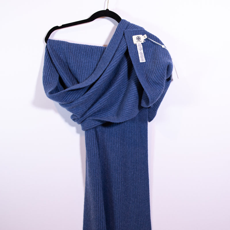 NEW Tory Burch Sport Ribbed Cashmere Knit Stretch Oversized Scarf Wrap Blue Wash