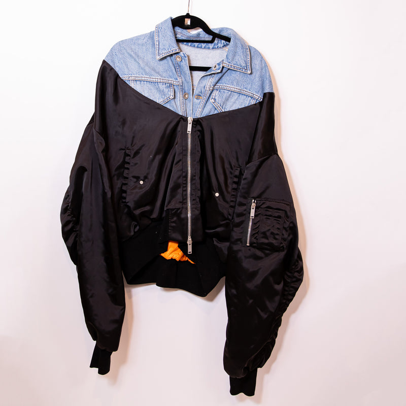 Unravel Project Denim Jean Panelled Bomber Collared Full Zip Jacket Blue Black