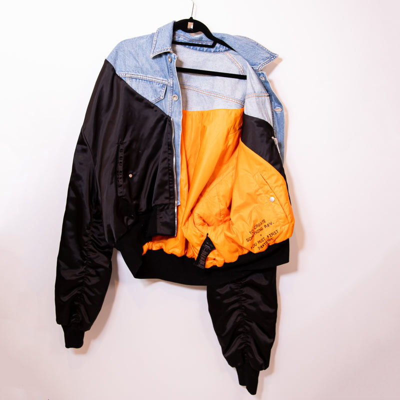 Unravel Project Denim Jean Panelled Bomber Collared Full Zip Jacket Blue Black