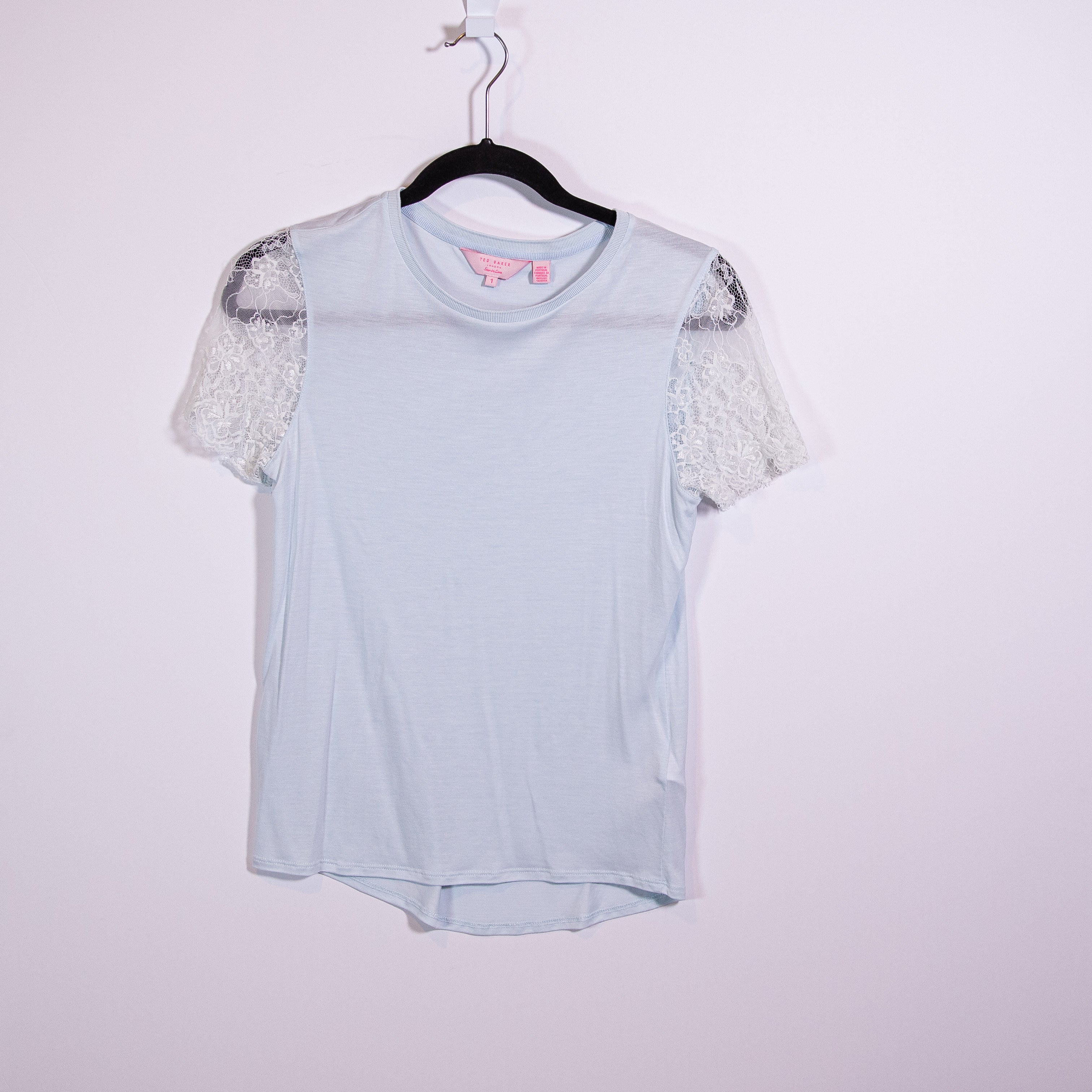 Ted Baker Sew In Love Somsri Lace Short Sleeve Crew Neck Tee Shirt Light Blue XS