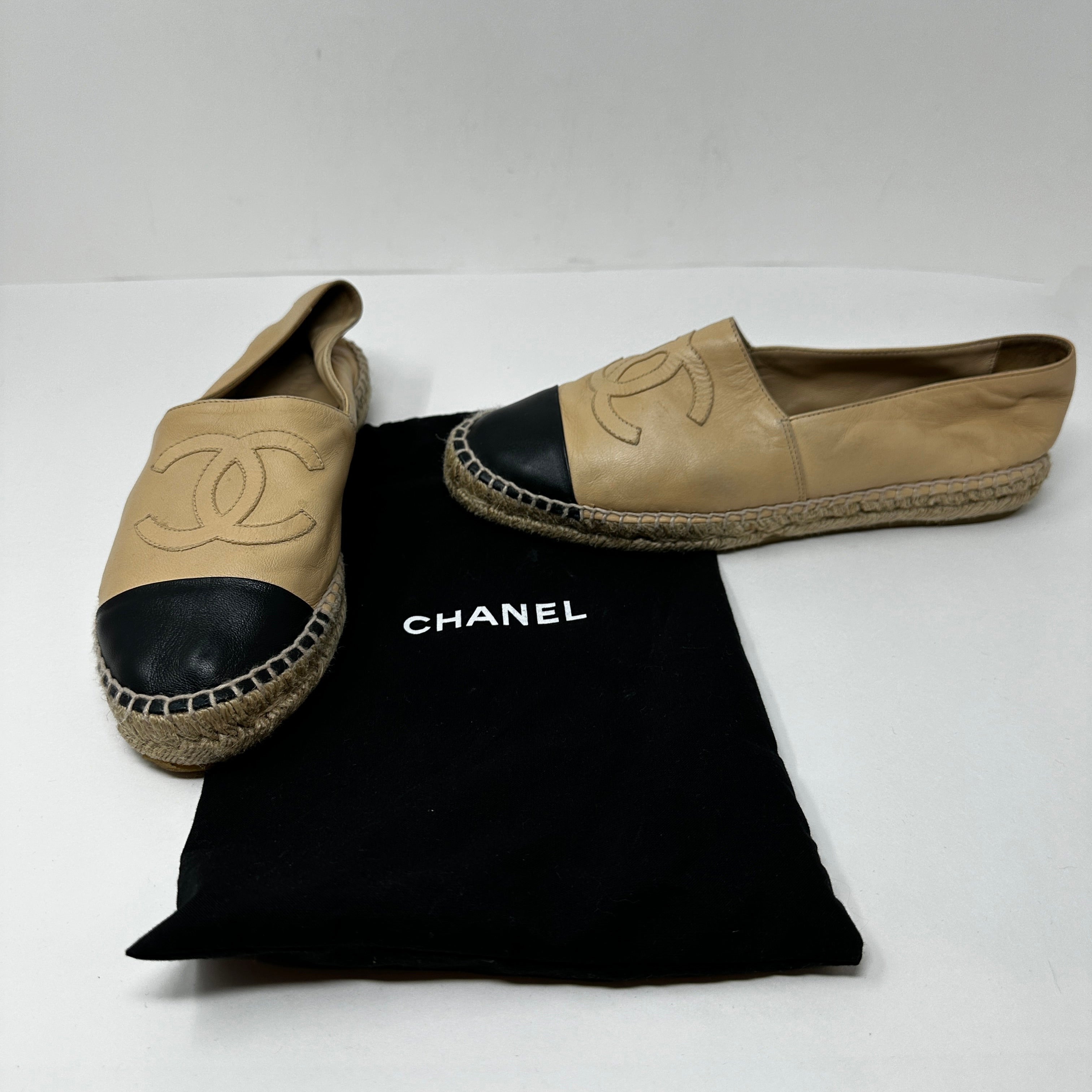 Chanel Genuine Lambskin Leather Logo Embroidered Slip On Espadrilles Shoes Beige