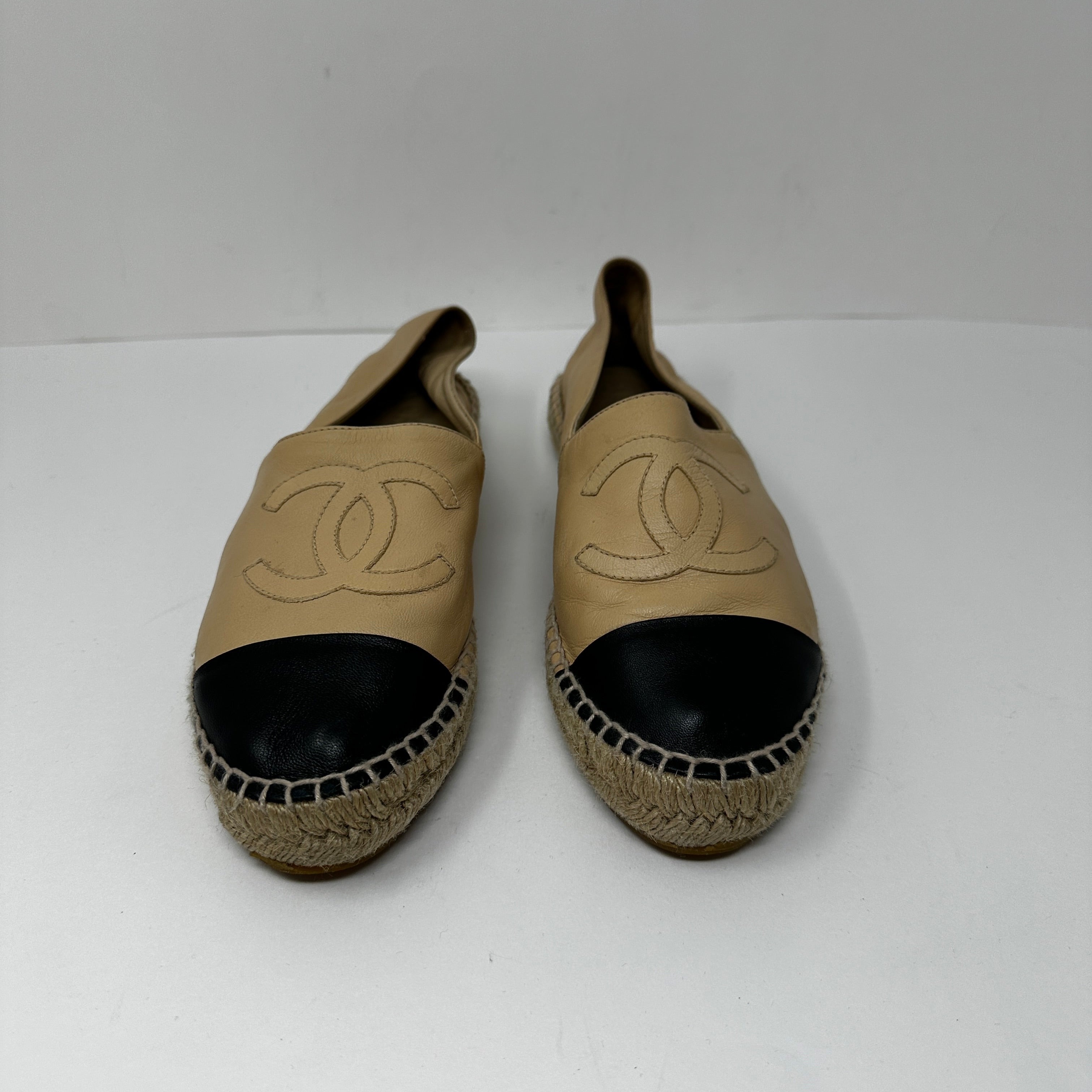 Chanel Genuine Lambskin Leather Logo Embroidered Slip On Espadrilles Shoes Beige