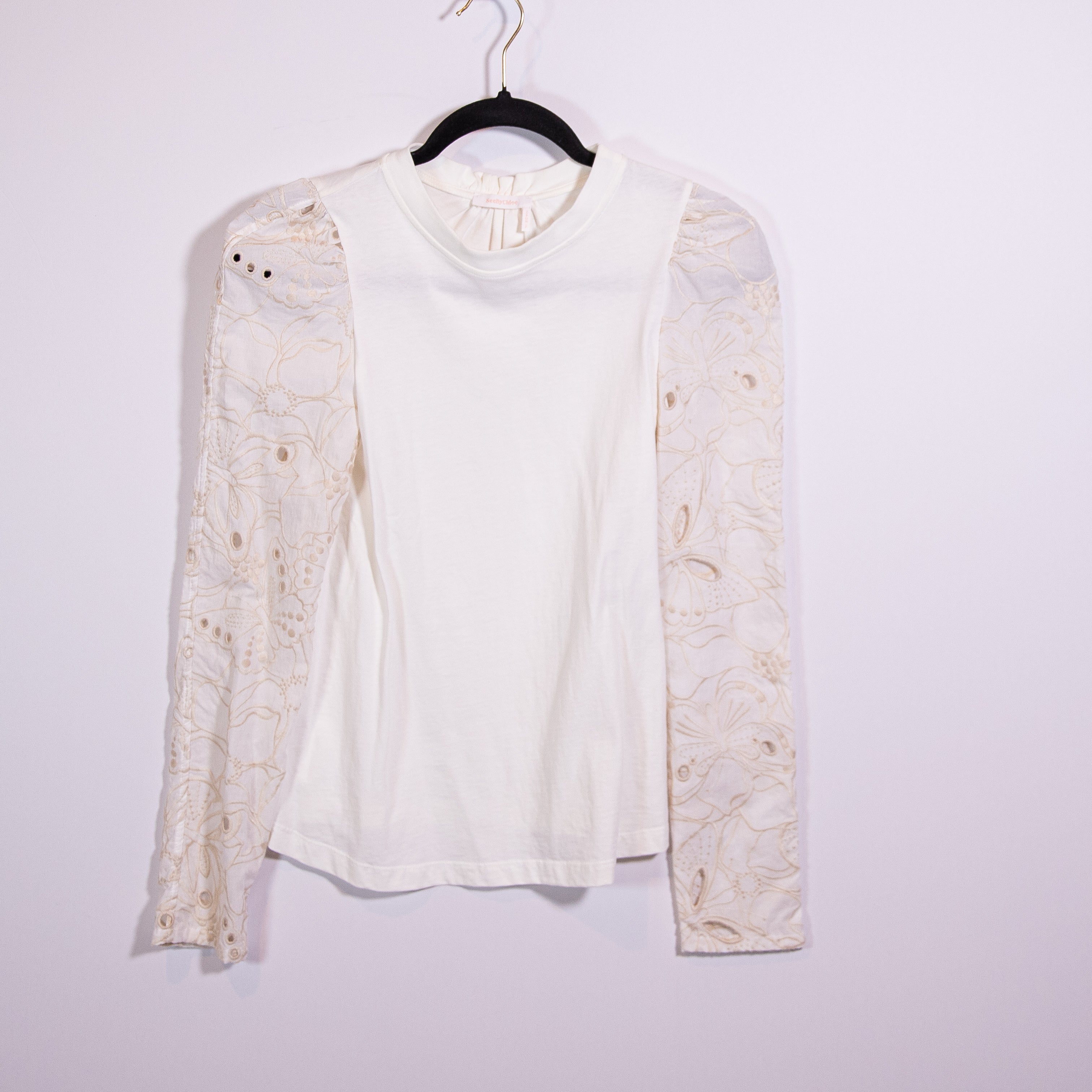 See By Chloe Powder White Butterfly Floral Flower Long Sleeve Cotton Tee Shirt