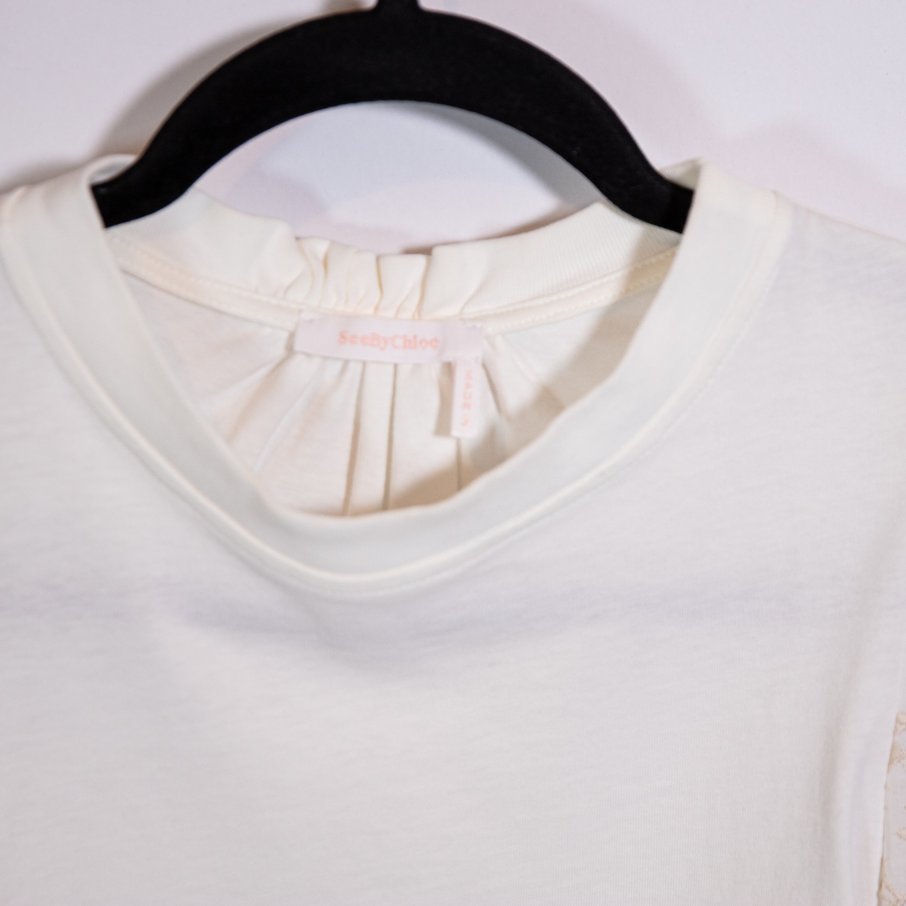 See By Chloe Powder White Butterfly Floral Flower Long Sleeve Cotton Tee Shirt